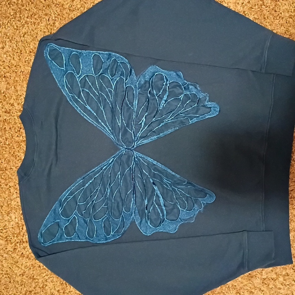Tricia Fix Teal Butterfly Design Crewneck Sweater - Picture 4 of 7